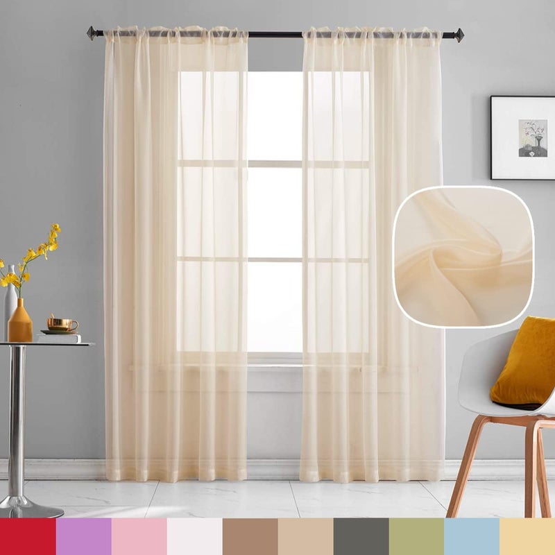 TOAVA DECO Beige Sheer Curtains 84 Inches Long 2 Panels Translucent Light Filtering Rod Pocket Beige Sheers Voile Curtain Panels for Bedroom Living Room 52x84 Inch Length - Image 1